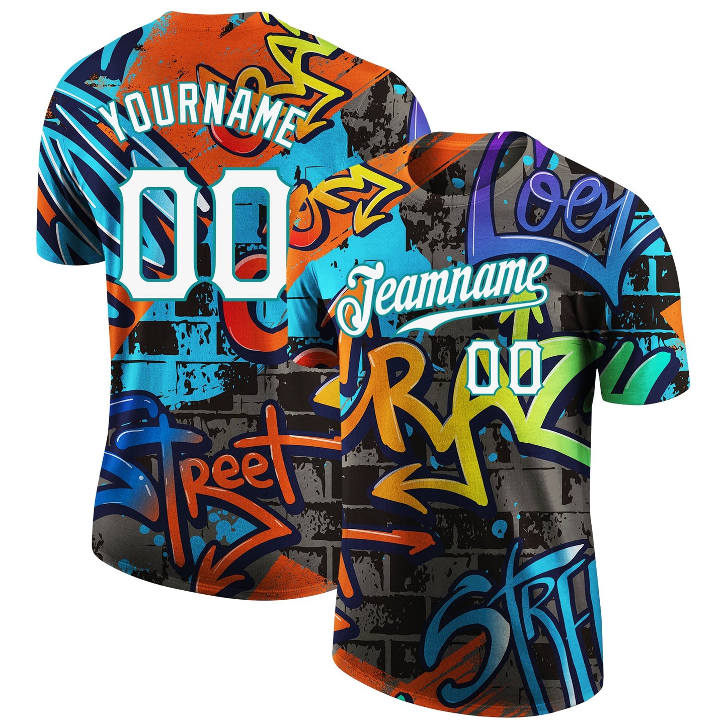 Custom Graffiti Pattern White-Aqua 3D Performance T-Shirt - Main View