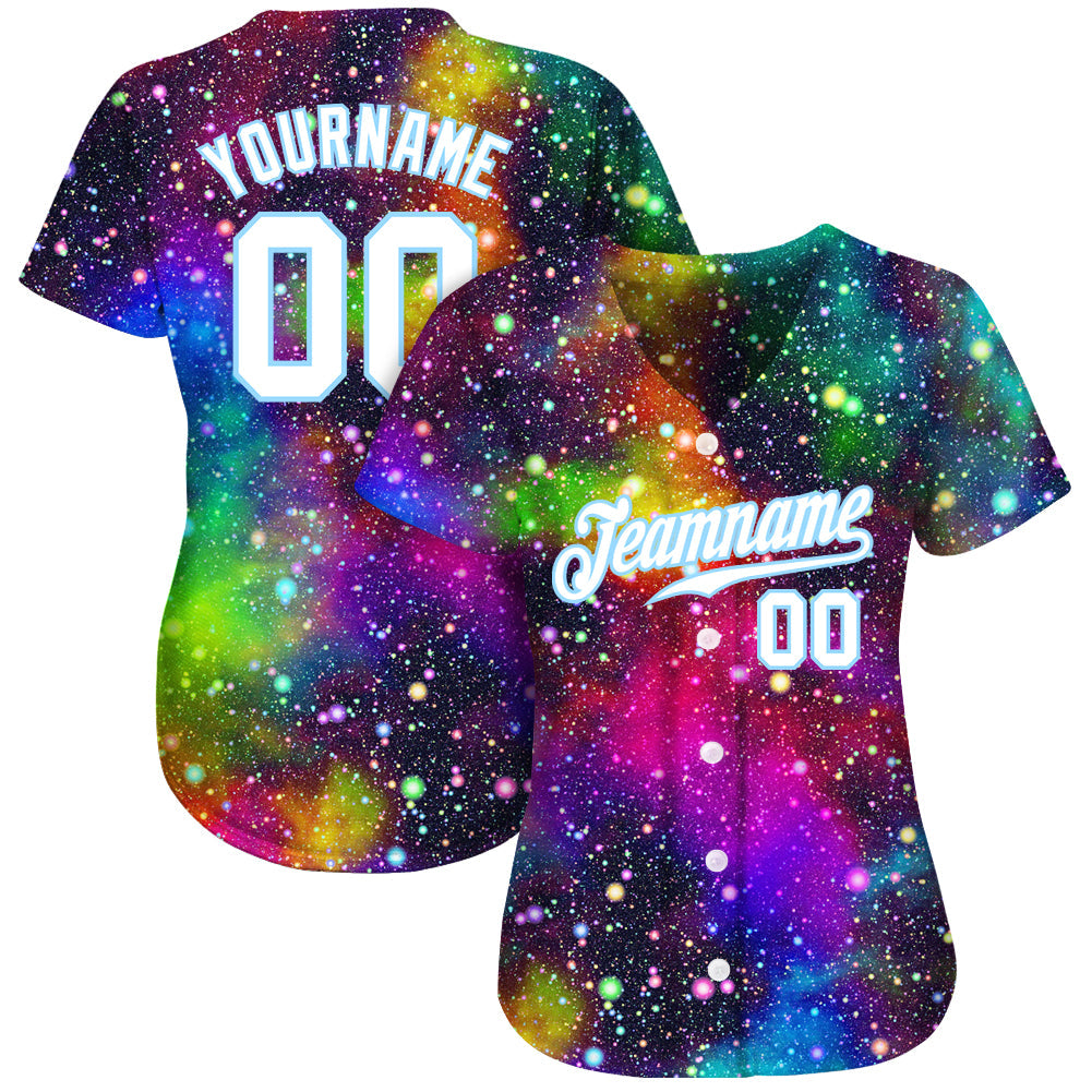 Custom Galactic White-Light Blue 3D Authentic Baseball Jersey view 2