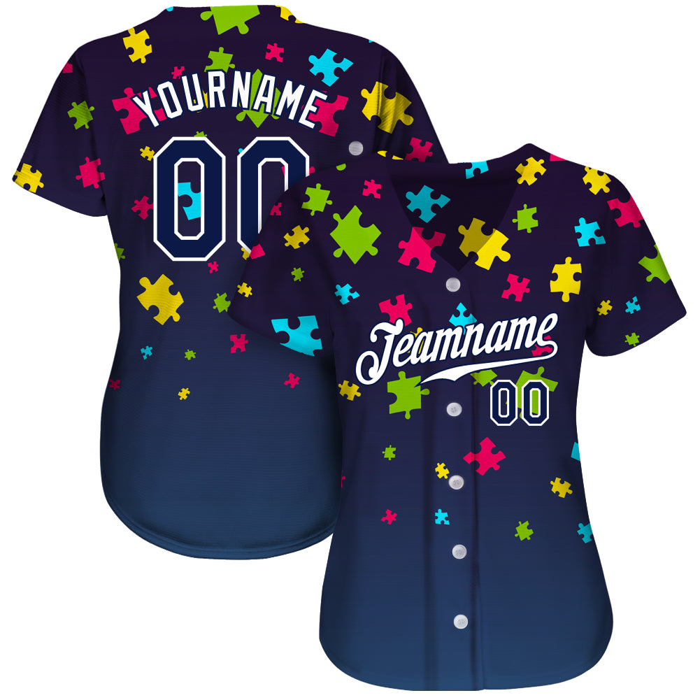 Custom Autism Supporter Awareness Puzzle Pieces Navy-White 3D Authentic Baseball Jersey view 2