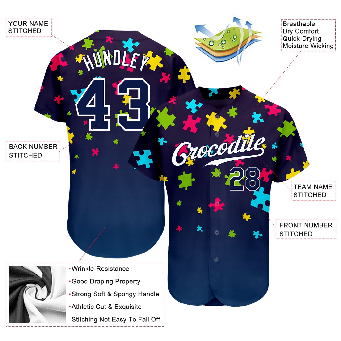 Custom Autism Supporter Awareness Puzzle Pieces Navy-White 3D Authentic Baseball Jersey view 3