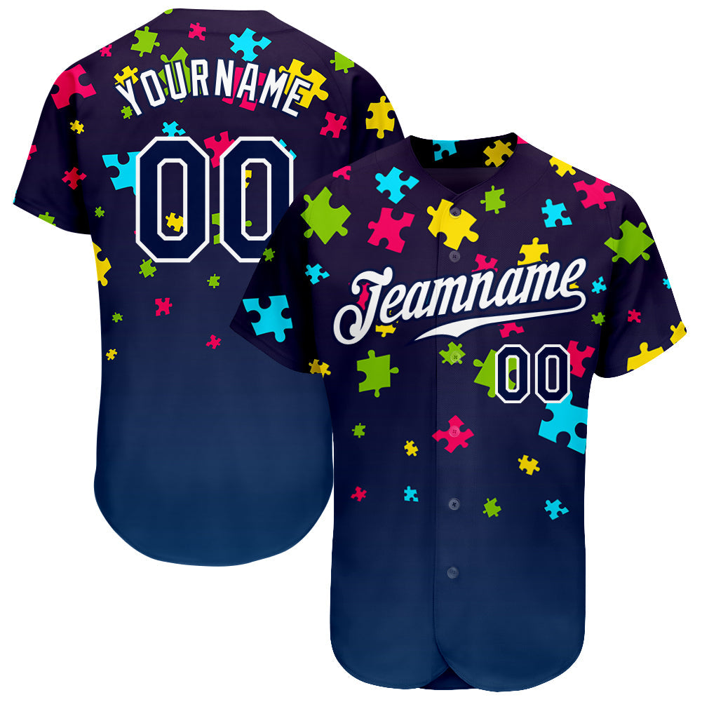 Custom Autism Supporter Awareness Puzzle Pieces Navy-White 3D Authentic Baseball Jersey - Main View