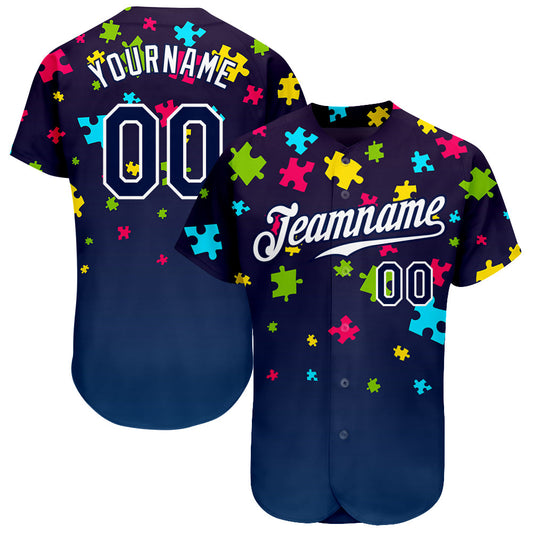Custom Autism Supporter Awareness Puzzle Pieces Navy-White 3D Authentic Baseball Jersey - Main View
