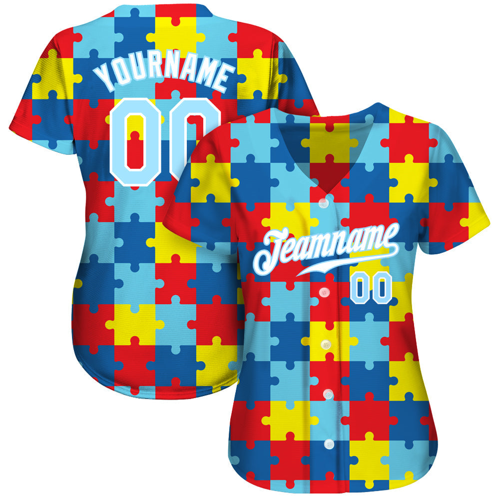 Custom Autism Supporter Awareness Puzzle Pieces Light Blue-White 3D Authentic Baseball Jersey view 2
