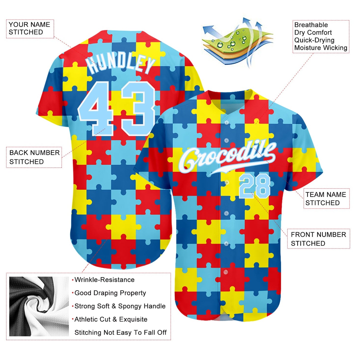 Custom Autism Supporter Awareness Puzzle Pieces Light Blue-White 3D Authentic Baseball Jersey view 3