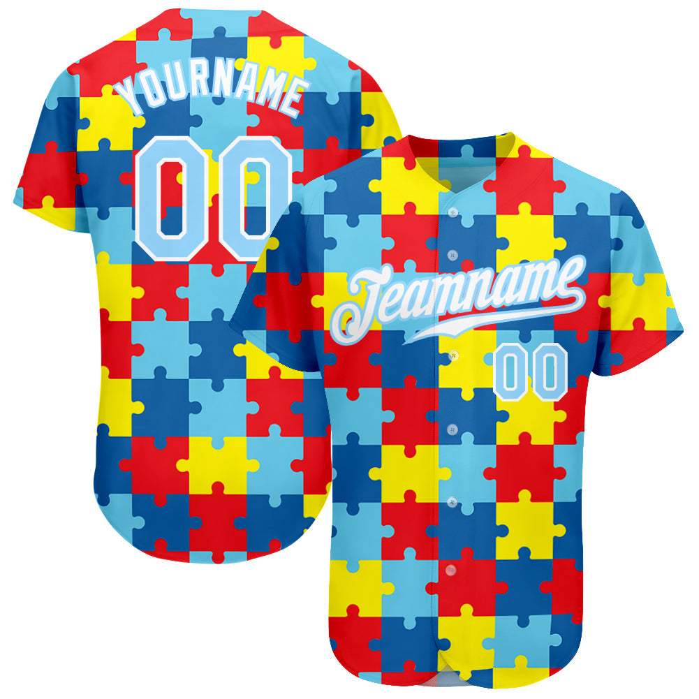Custom Autism Supporter Awareness Puzzle Pieces Light Blue-White 3D Authentic Baseball Jersey - Main View