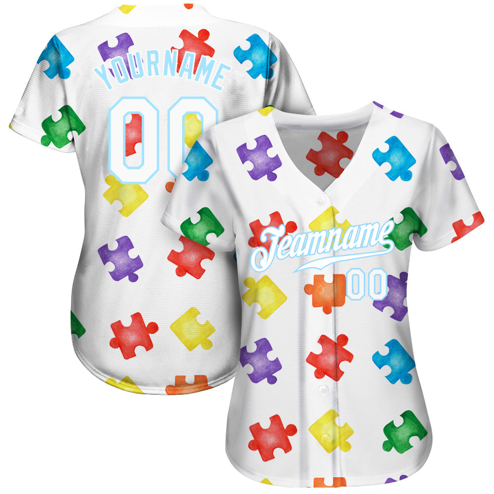 Custom Autism Supporter Awareness Puzzle Pieces White-Light Blue 3D Authentic Baseball Jersey view 2
