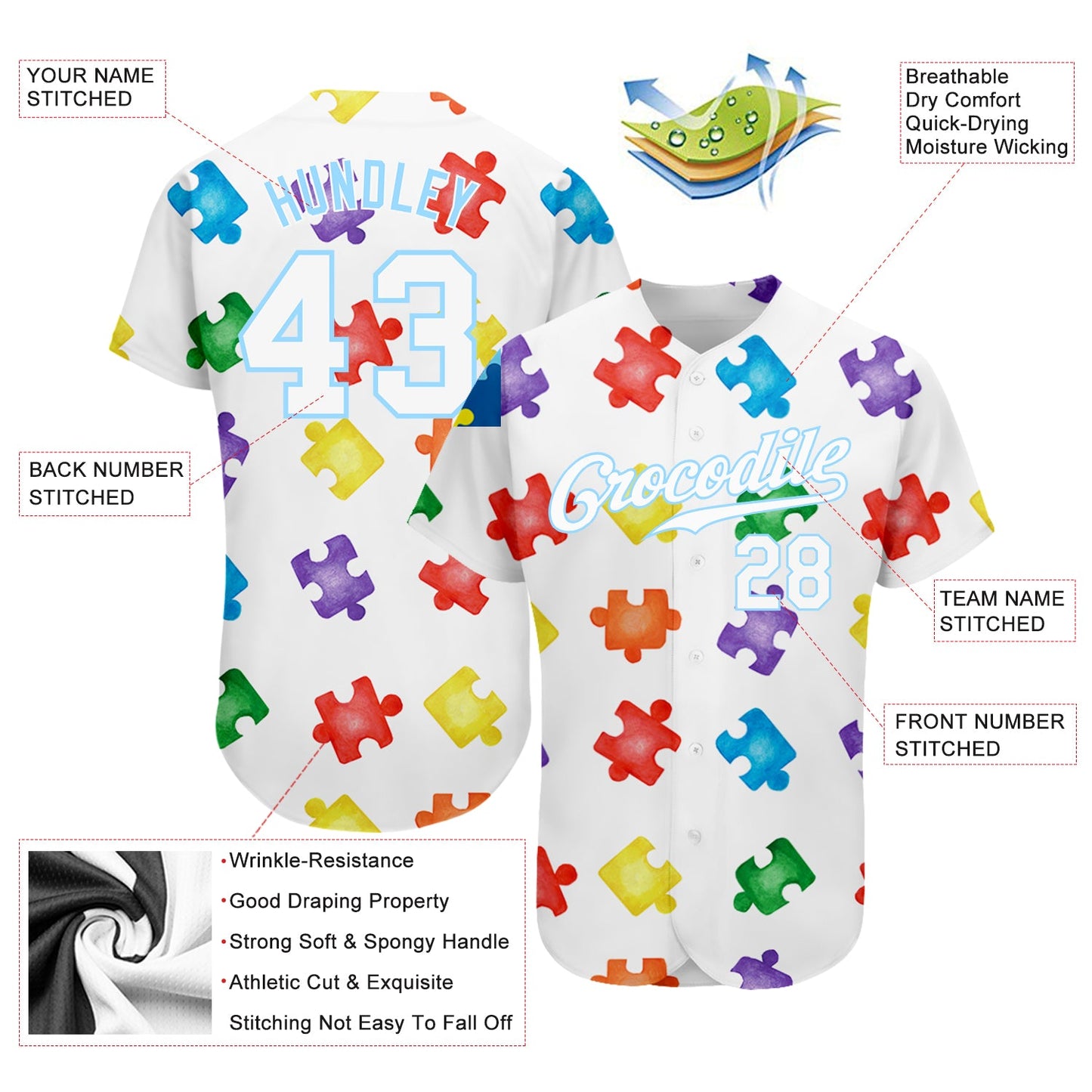 Custom Autism Supporter Awareness Puzzle Pieces White-Light Blue 3D Authentic Baseball Jersey view 3