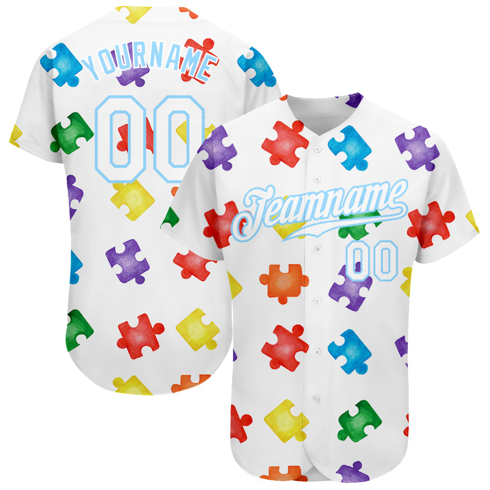 Custom Autism Supporter Awareness Puzzle Pieces White-Light Blue 3D Authentic Baseball Jersey - Main View