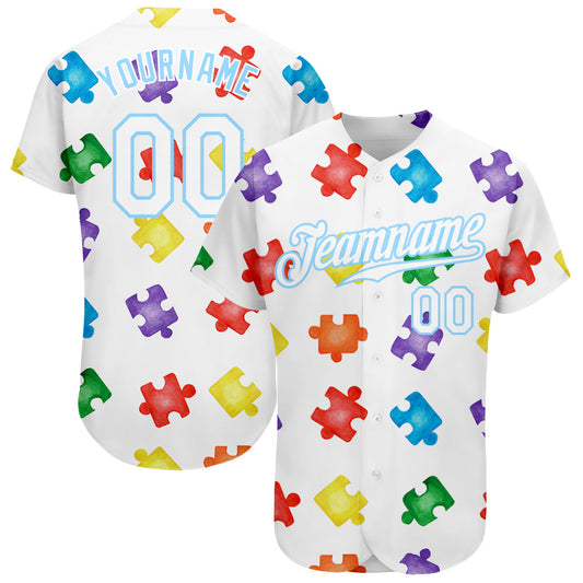 Custom Autism Supporter Awareness Puzzle Pieces White-Light Blue 3D Authentic Baseball Jersey - Main View