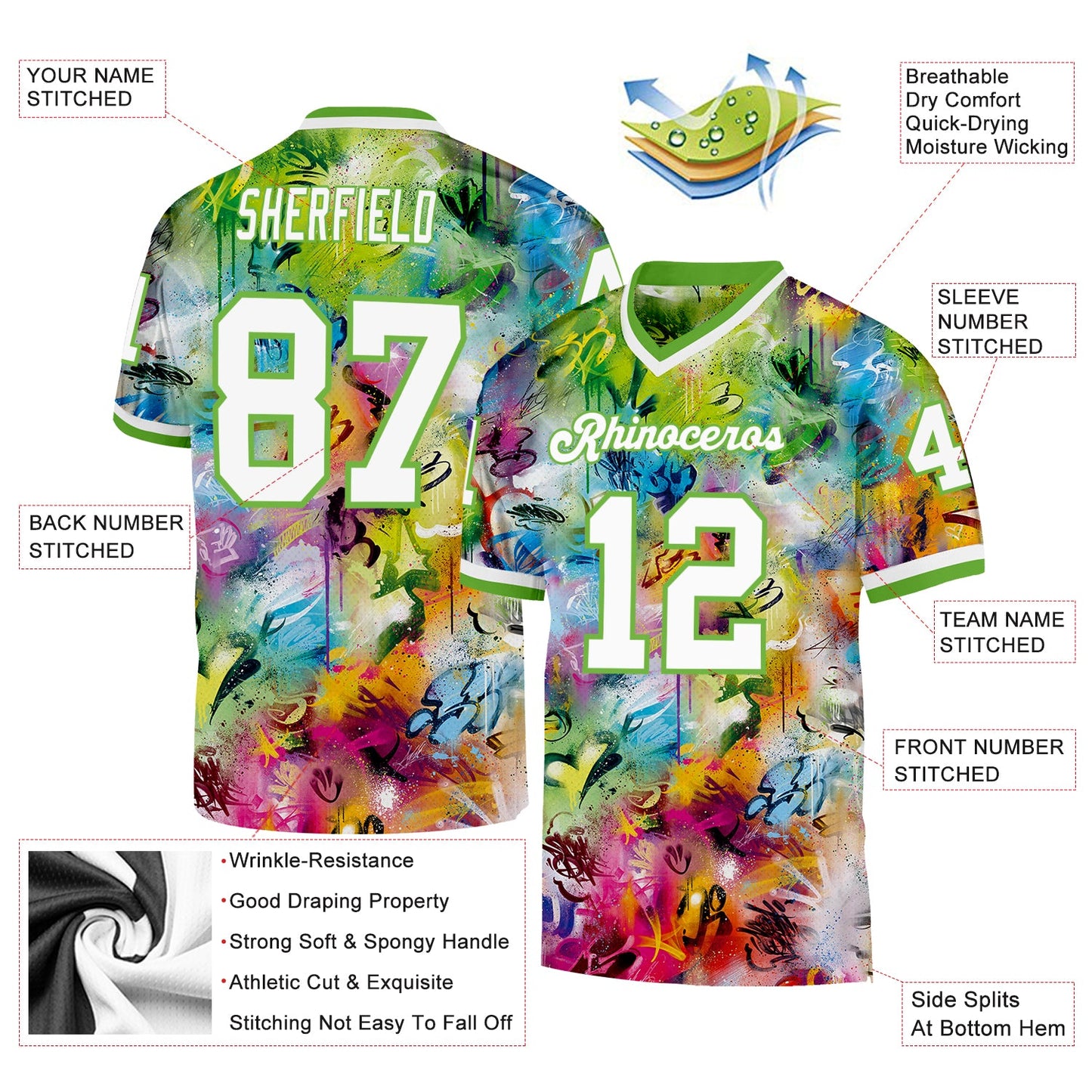 Custom Graffiti Pattern White-Neon Green 3D Authentic Throwback Football Jersey view 4