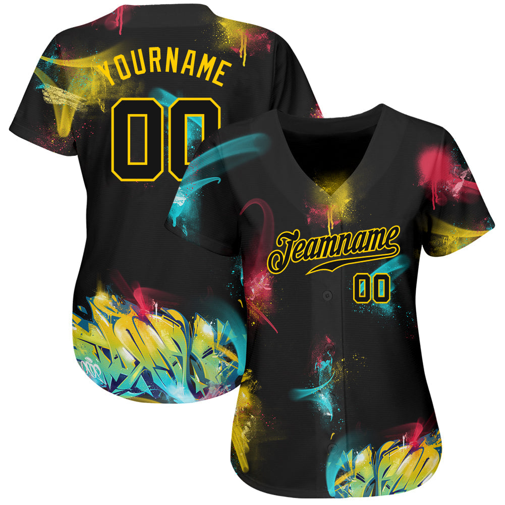 Custom Graffiti Pattern Black-Gold 3D Authentic Baseball Jersey view 2
