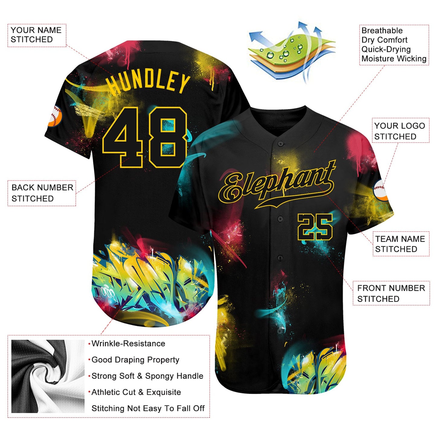 Custom Graffiti Pattern Black-Gold 3D Authentic Baseball Jersey view 3