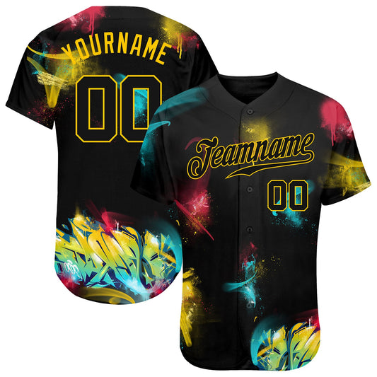 Custom Graffiti Pattern Black-Gold 3D Authentic Baseball Jersey - Main View