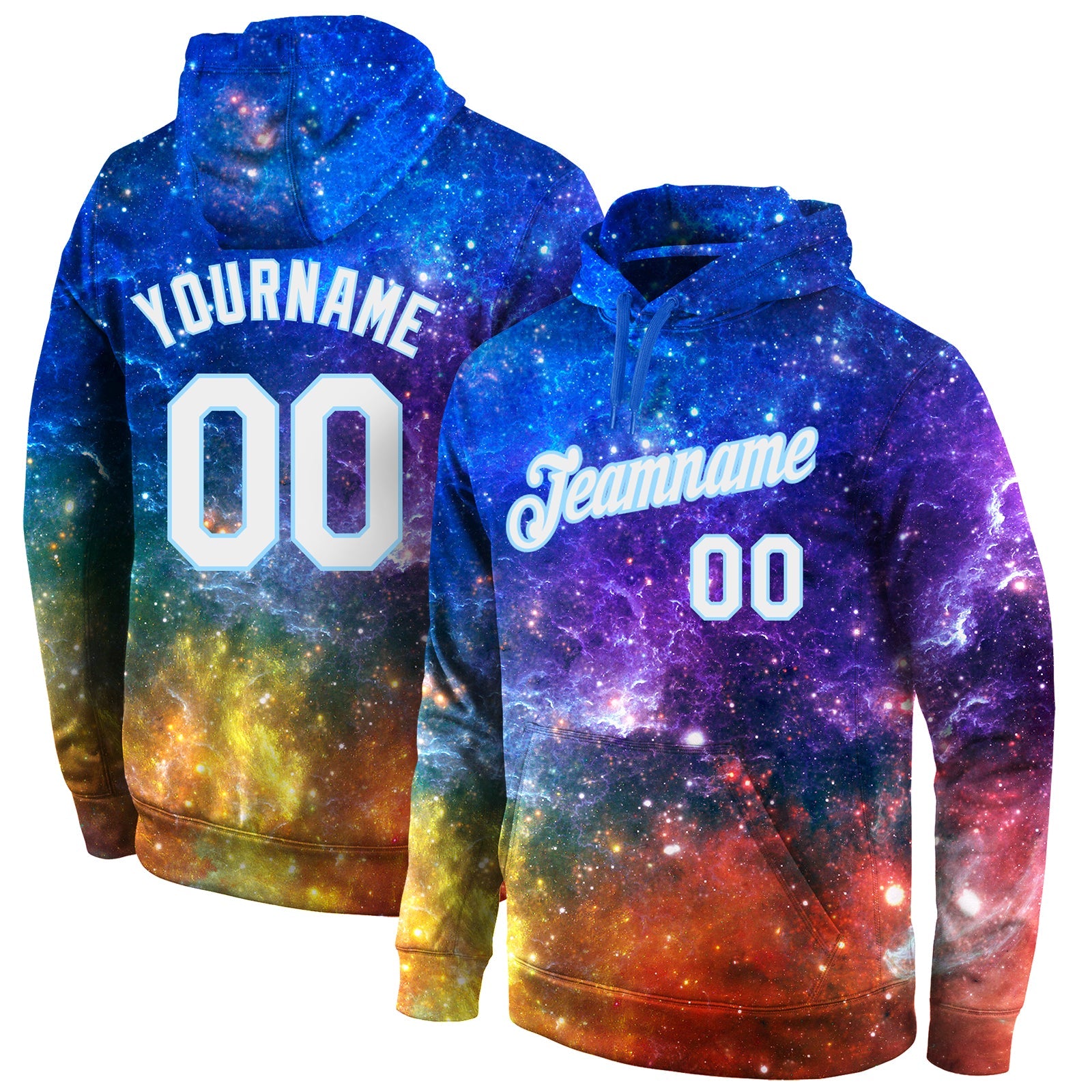 Custom Stitched Galactic White-Light Blue 3D Sports Pullover Sweatshirt Hoodie - Main View