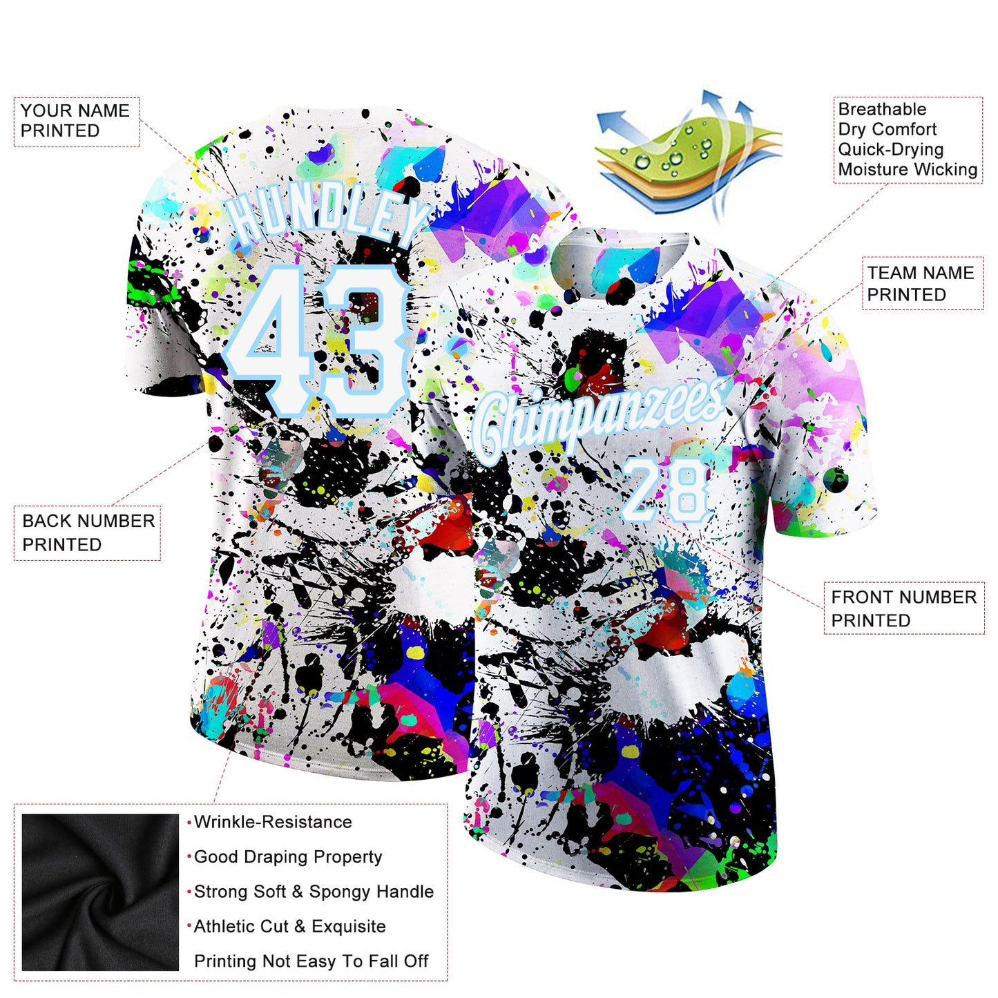Custom Splashes Graffiti Pattern White-Light Blue 3D Performance T-Shirt view 2