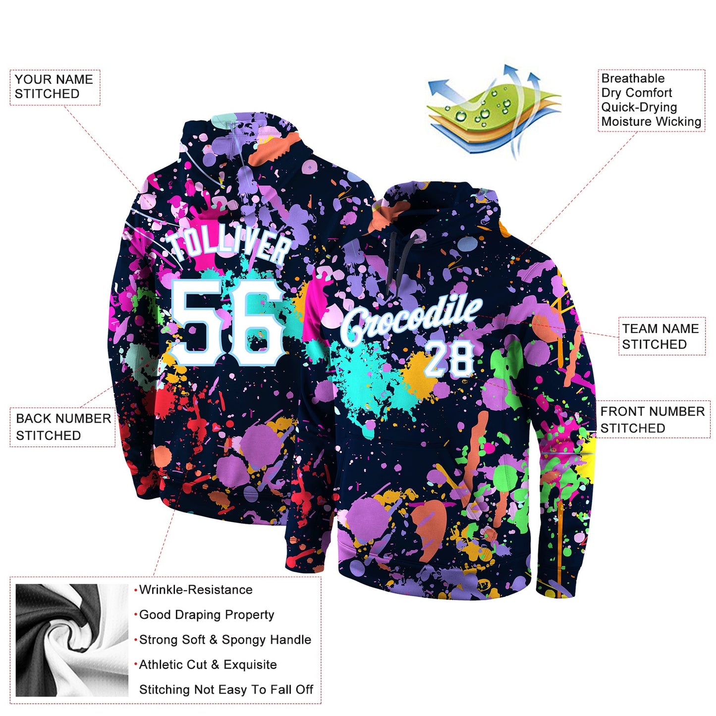 Custom Stitched Splashes Graffiti Pattern White-Light Blue 3D Sports Pullover Sweatshirt Hoodie view 4