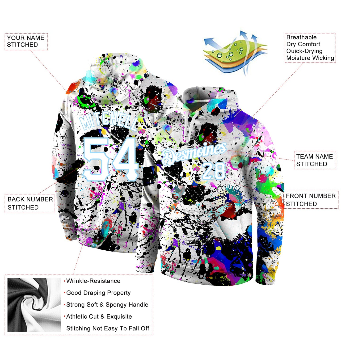 Custom Stitched Splashes Graffiti Pattern White-Light Blue 3D Sports Pullover Sweatshirt Hoodie view 4