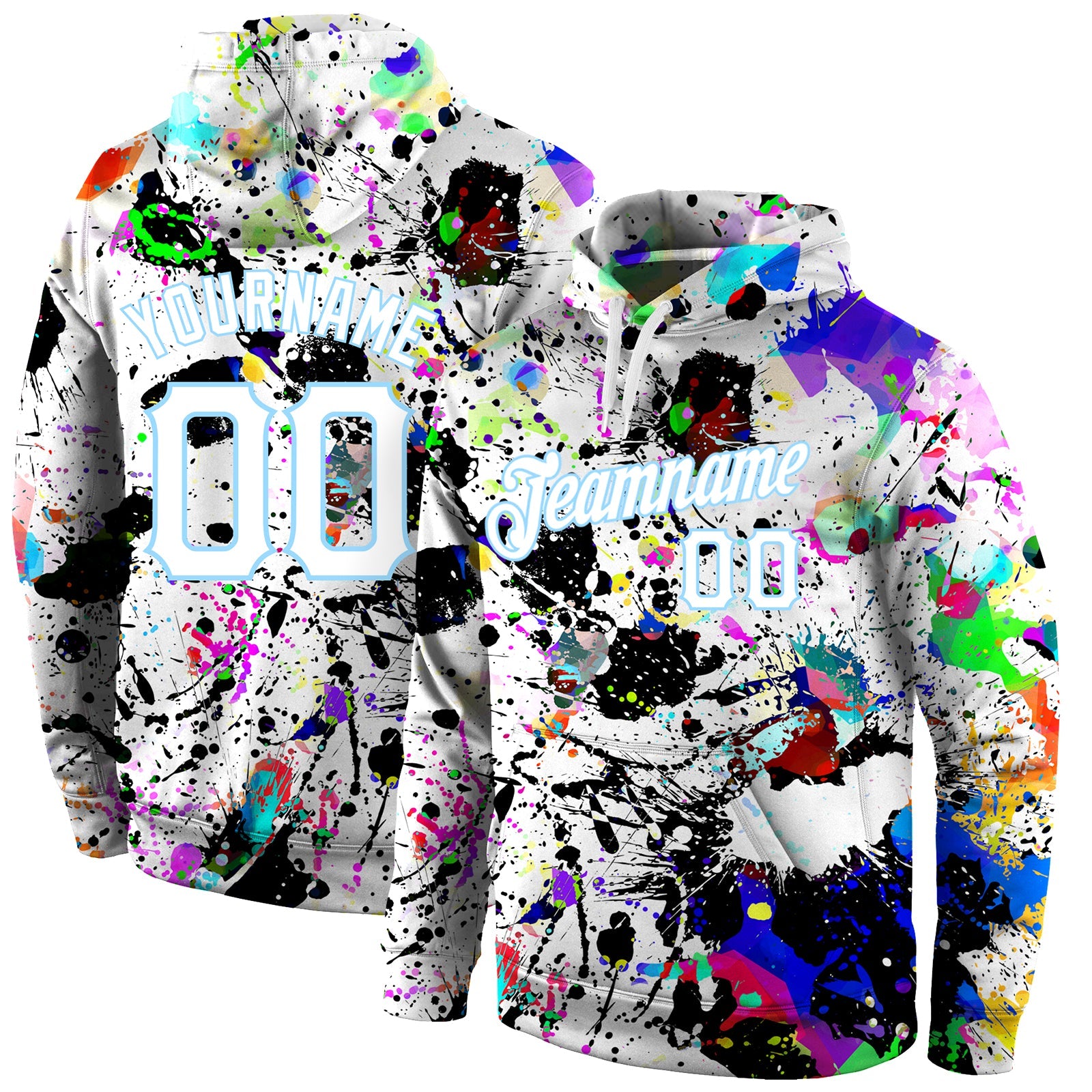 Custom Stitched Splashes Graffiti Pattern White-Light Blue 3D Sports Pullover Sweatshirt Hoodie - Main View