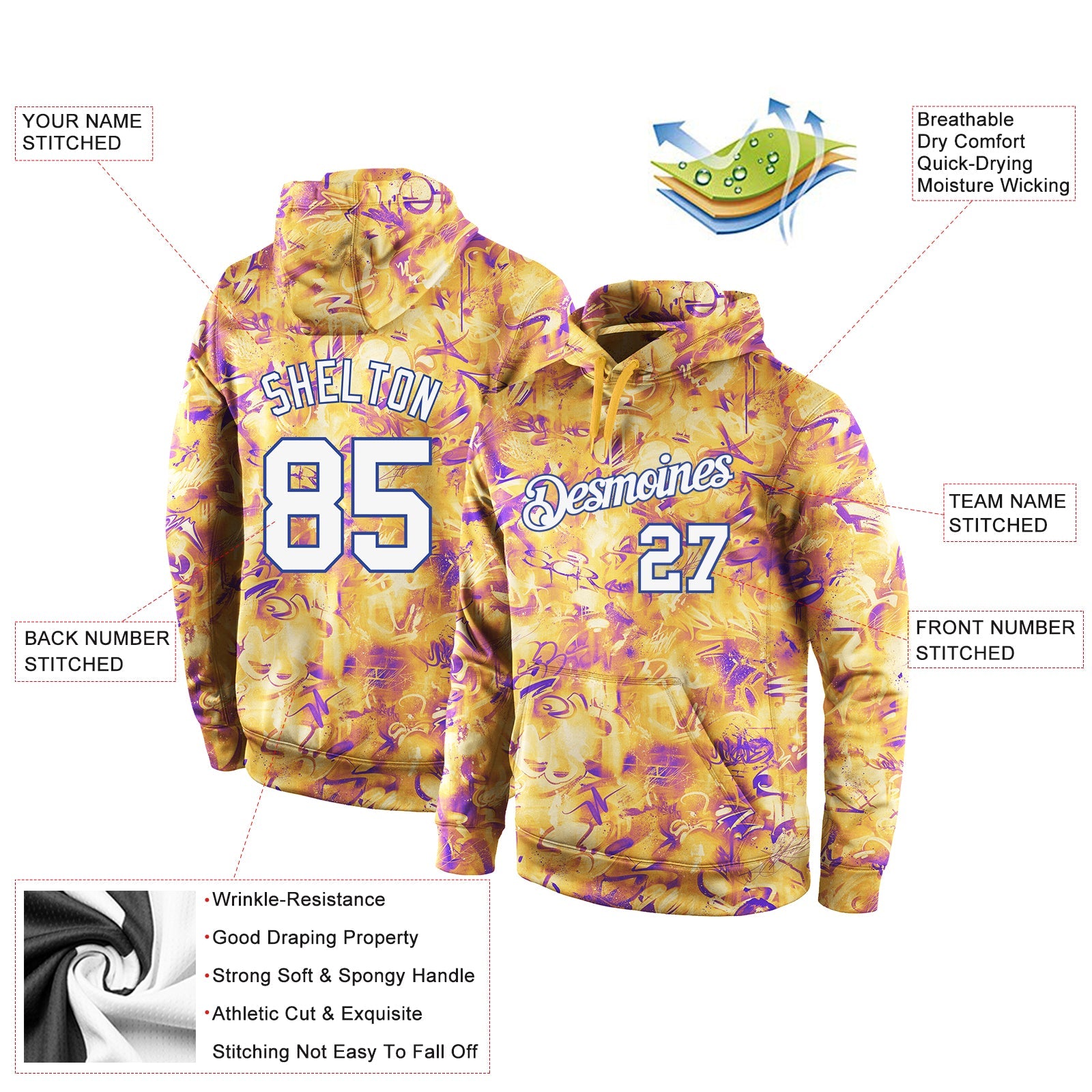 Custom Stitched Splashes Graffiti Pattern White-Royal 3D Sports Pullover Sweatshirt Hoodie view 4