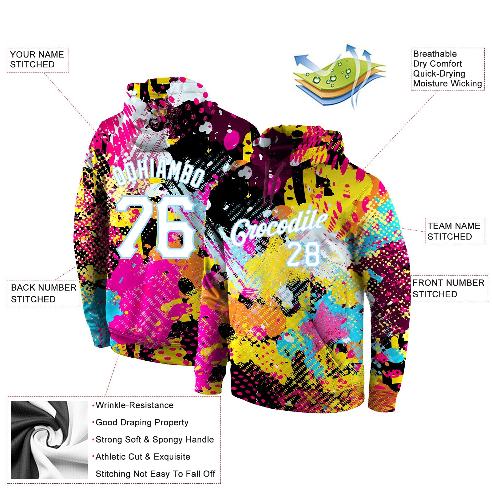 Custom Stitched Graffiti Bright Psychedelic Pattern White-Light Blue 3D Sports Pullover Sweatshirt Hoodie view 4