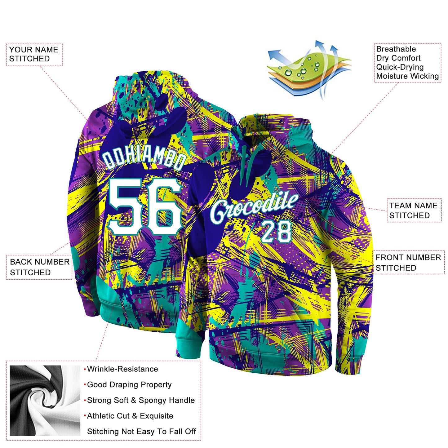 Custom Stitched Graffiti Pattern White-Aqua 3D Sports Pullover Sweatshirt Hoodie view 4