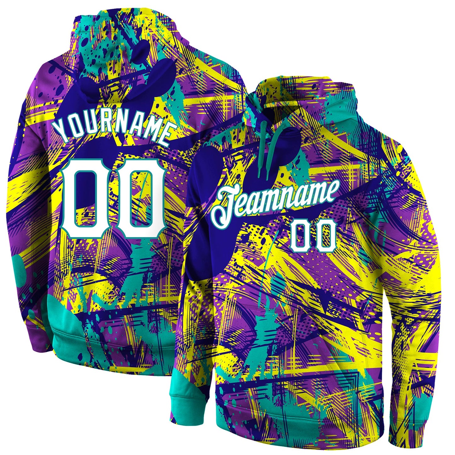 Custom Stitched Graffiti Pattern White-Aqua 3D Sports Pullover Sweatshirt Hoodie - Main View