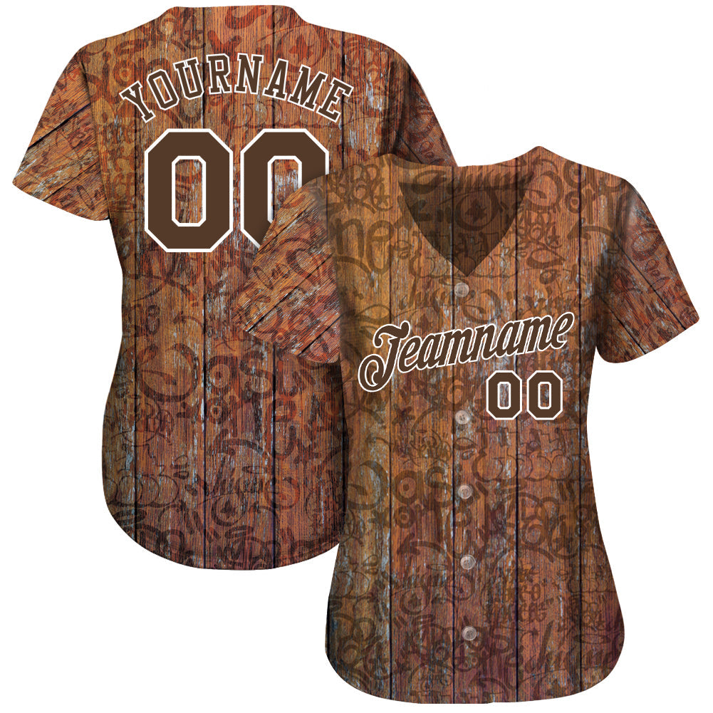 Custom Graffiti Pattern Brown-White 3D Wood Authentic Baseball Jersey view 2