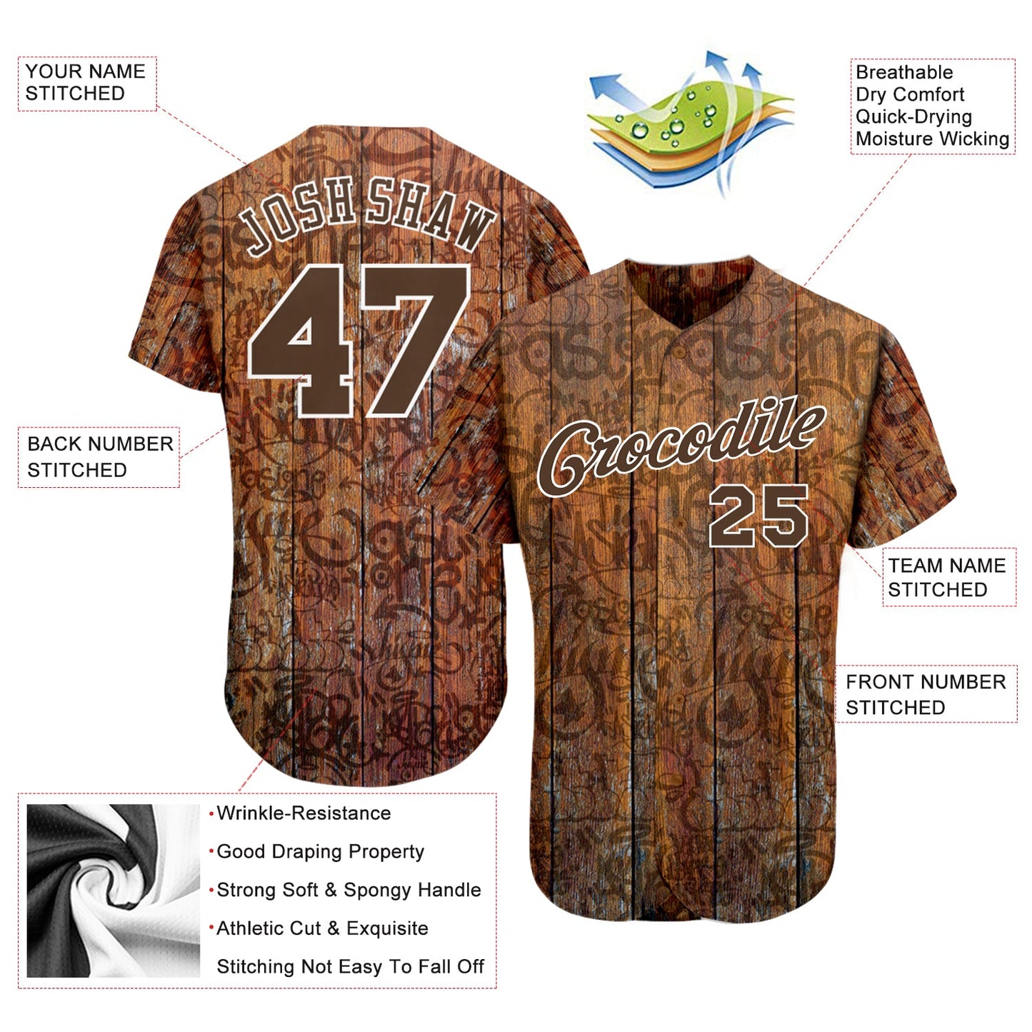 Custom Graffiti Pattern Brown-White 3D Wood Authentic Baseball Jersey view 3