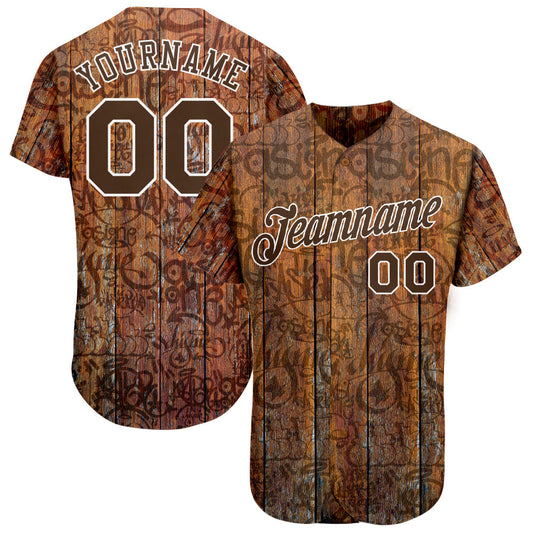 Custom Graffiti Pattern Brown-White 3D Wood Authentic Baseball Jersey - Main View