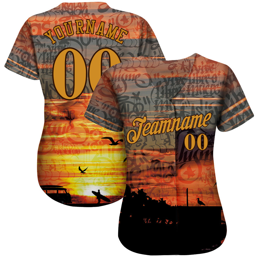 Custom Graffiti Pattern Gold-Brown 3D Beach Authentic Baseball Jersey view 2