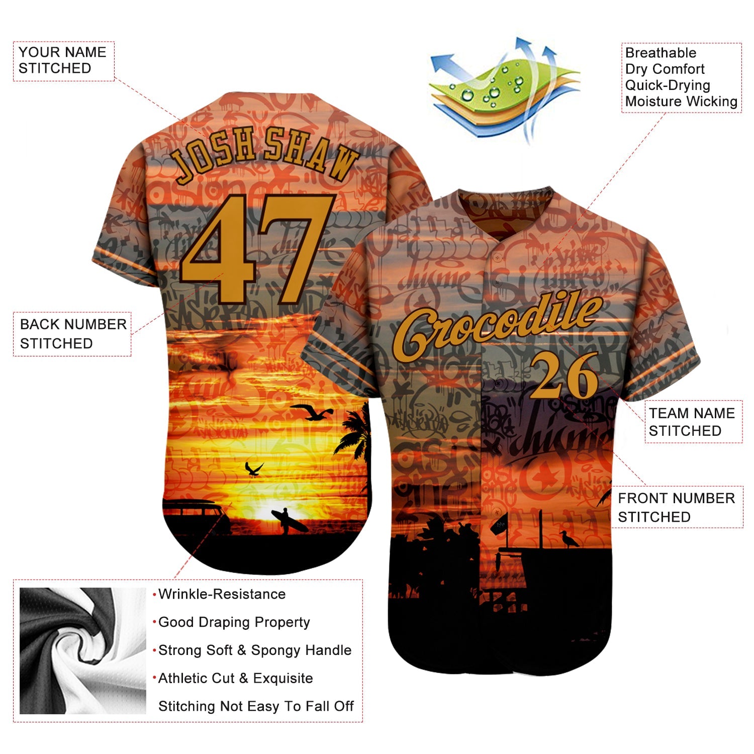 Custom Graffiti Pattern Gold-Brown 3D Beach Authentic Baseball Jersey view 3