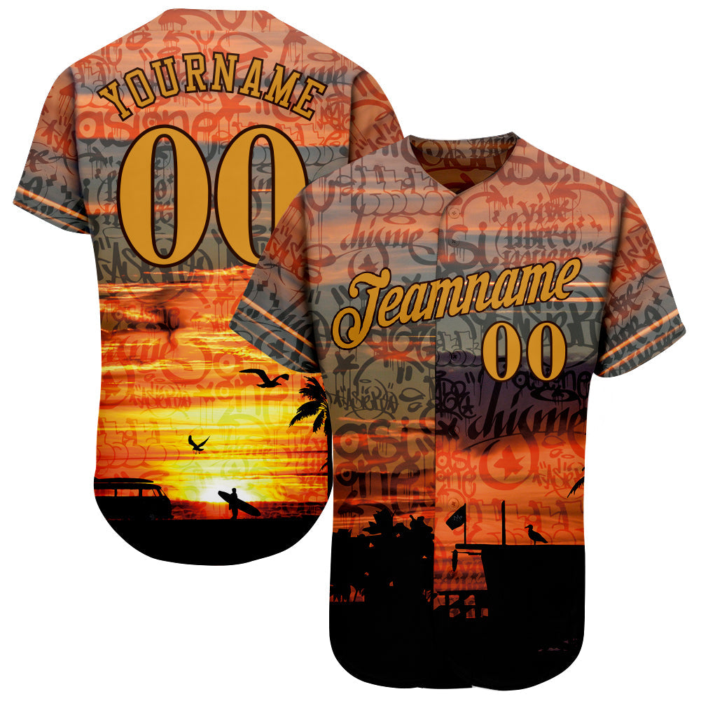 Custom Graffiti Pattern Gold-Brown 3D Beach Authentic Baseball Jersey - Main View