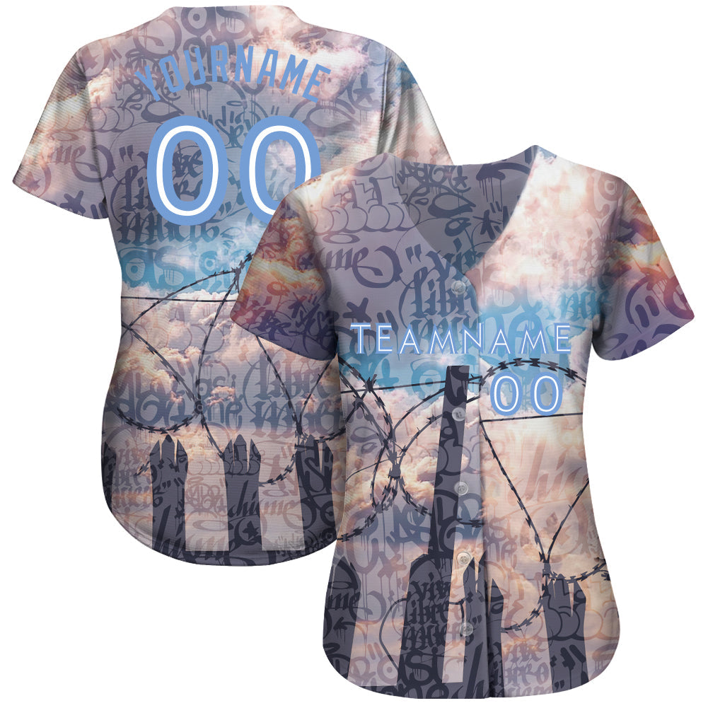 Custom Graffiti Pattern Light Blue-White 3D Freedom Authentic Baseball Jersey view 2