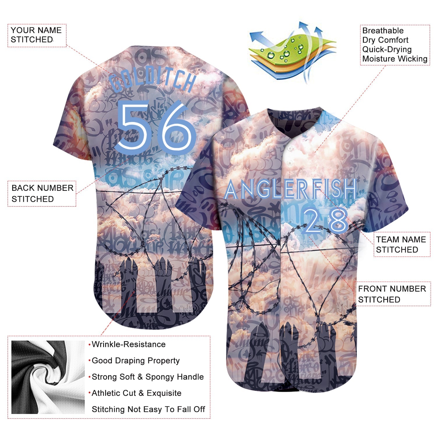 Custom Graffiti Pattern Light Blue-White 3D Freedom Authentic Baseball Jersey view 3