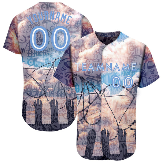 Custom Graffiti Pattern Light Blue-White 3D Freedom Authentic Baseball Jersey - Main View