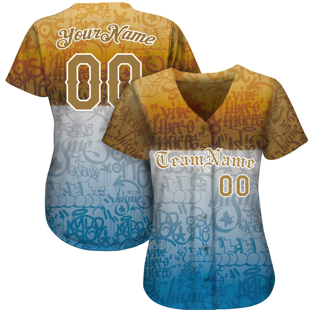 Custom Graffiti Pattern Gold-White 3D Chicano Authentic Baseball Jersey view 2