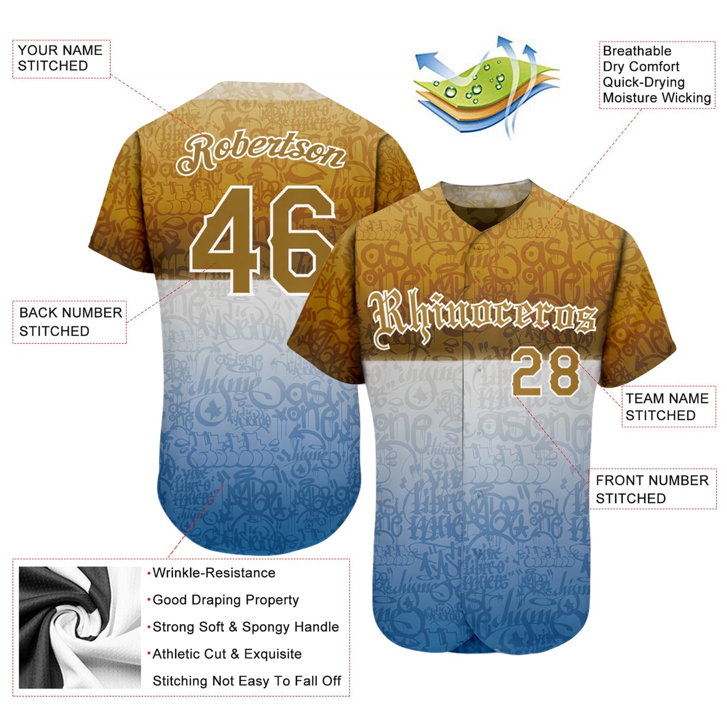 Custom Graffiti Pattern Gold-White 3D Chicano Authentic Baseball Jersey view 3