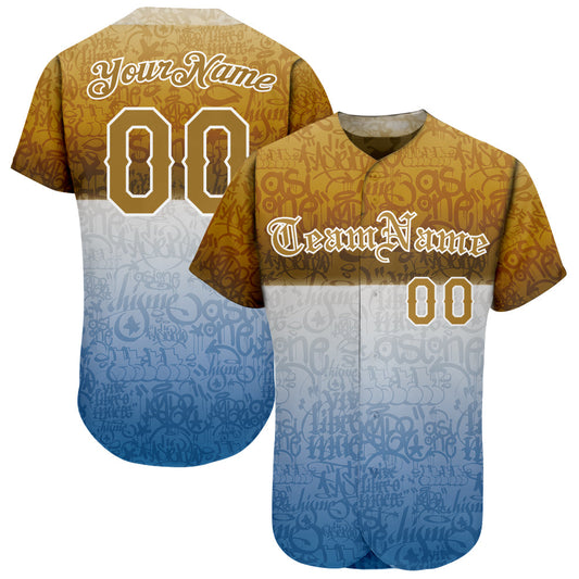 Custom Graffiti Pattern Gold-White 3D Chicano Authentic Baseball Jersey - Main View