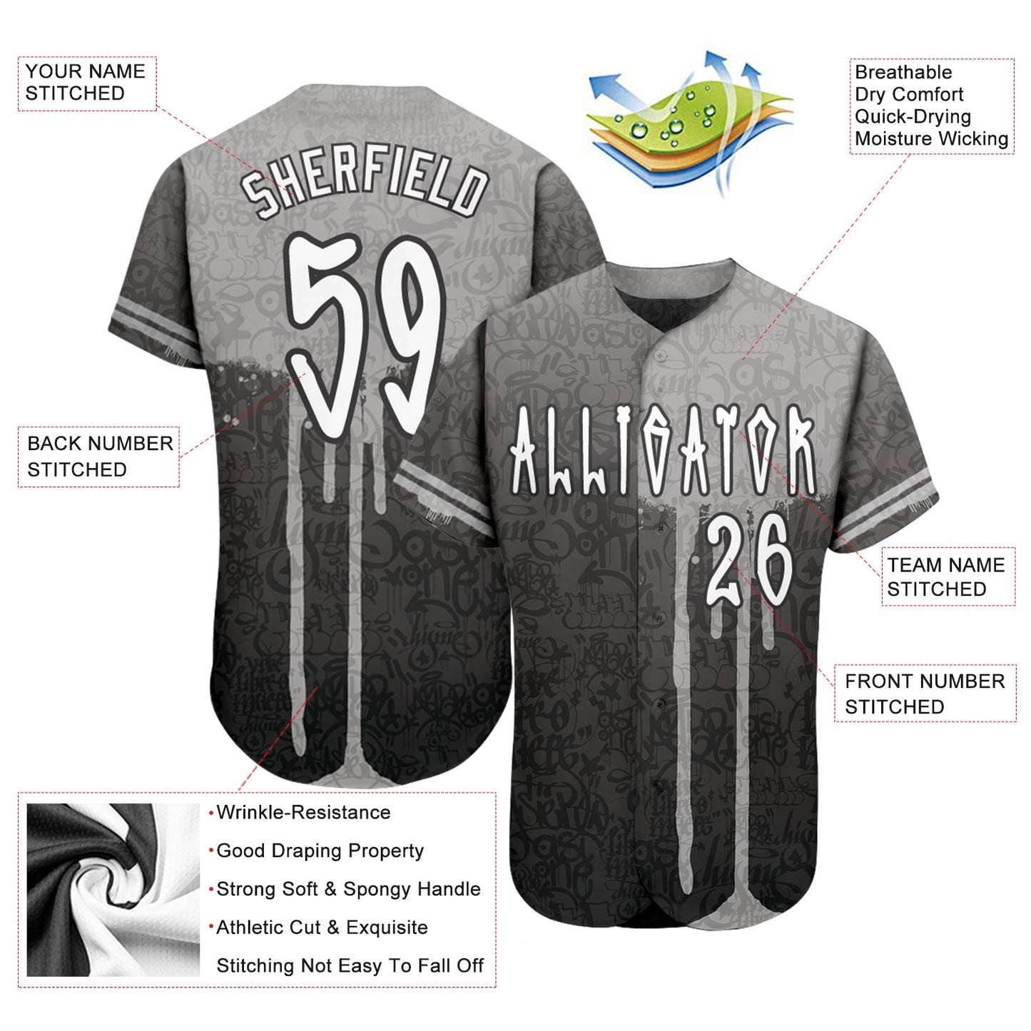 Custom Graffiti Pattern White-Gray 3D Picaxao Authentic Baseball Jersey view 3