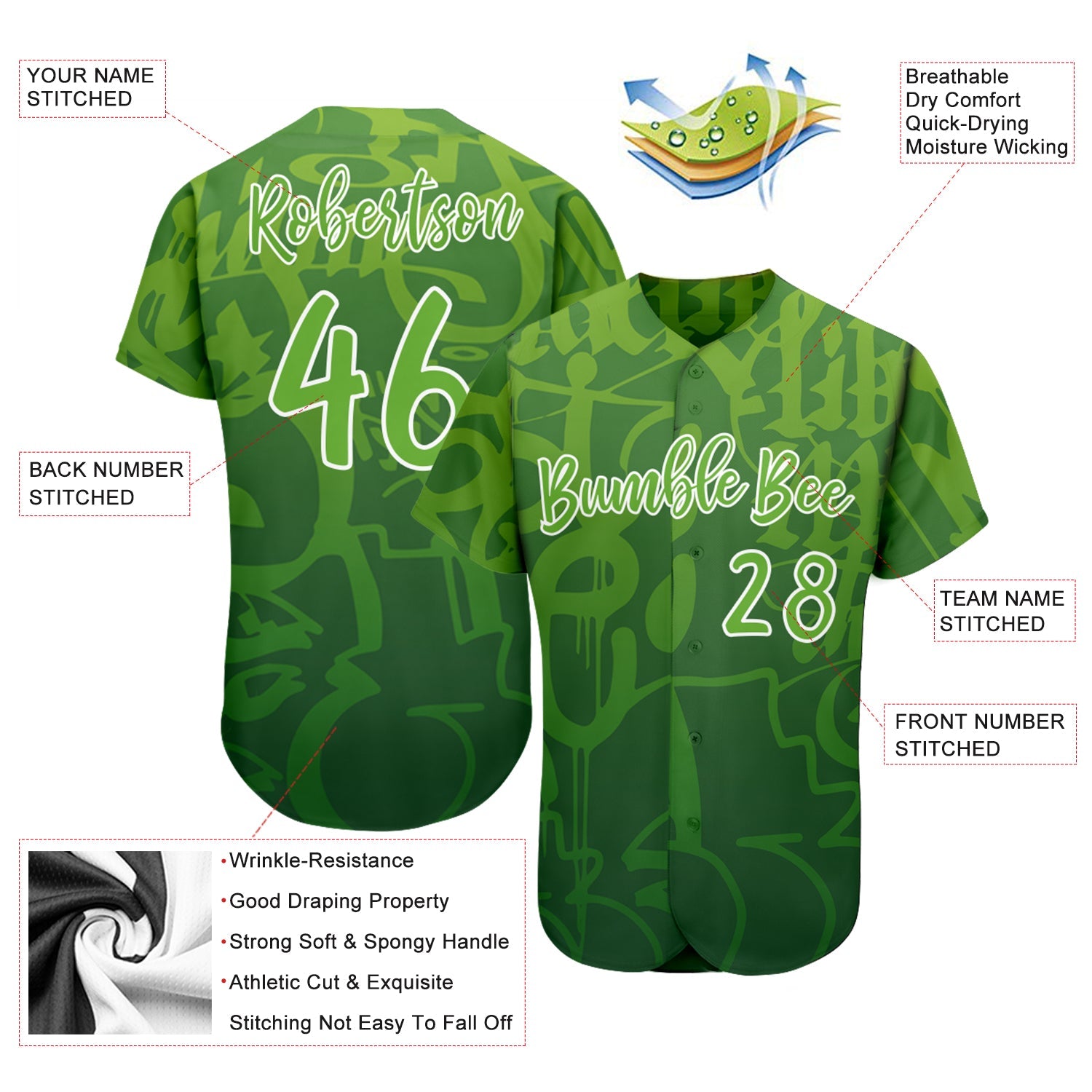 Custom Graffiti Pattern Green-White 3D Green Authentic Baseball Jersey view 3