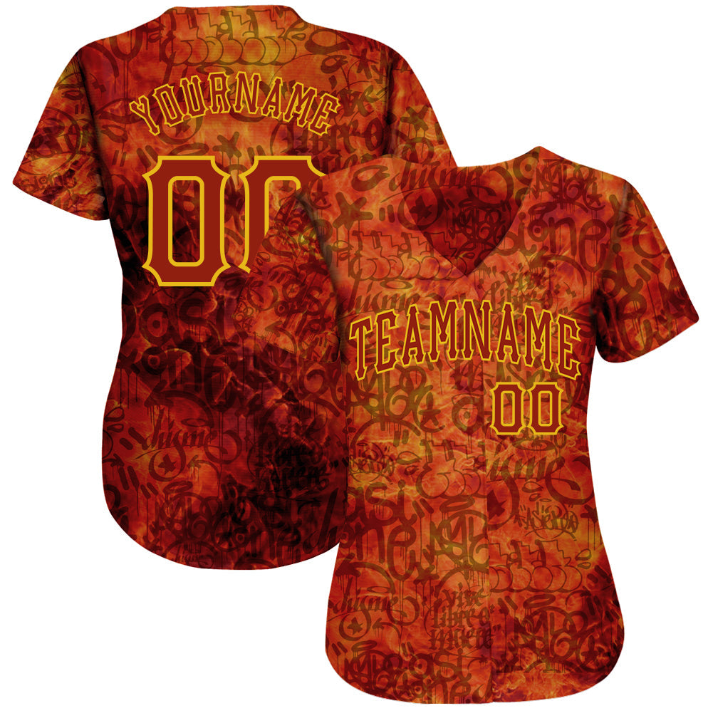 Custom Graffiti Pattern Red-Gold 3D Fire Authentic Baseball Jersey view 2