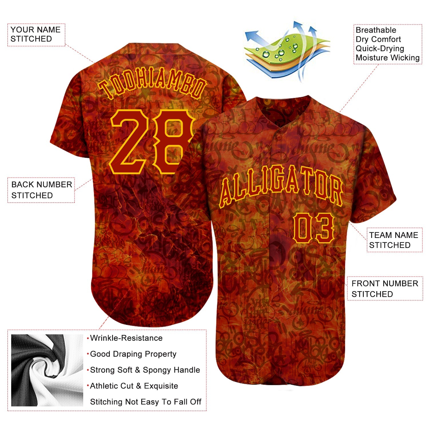 Custom Graffiti Pattern Red-Gold 3D Fire Authentic Baseball Jersey view 3