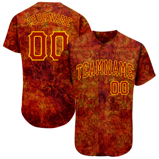 Custom Graffiti Pattern Red-Gold 3D Fire Authentic Baseball Jersey - Main View
