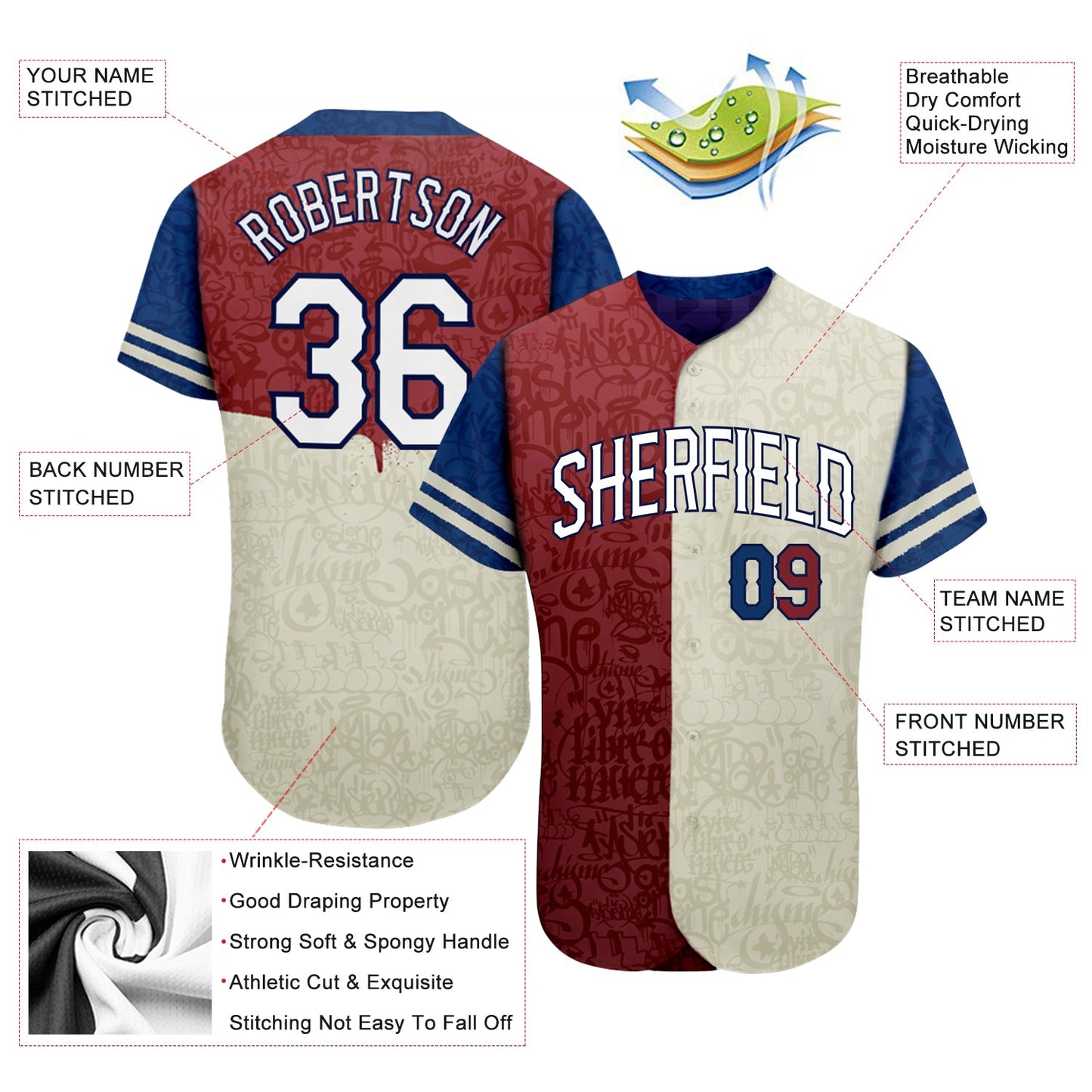Custom Graffiti Pattern White-Royal 3D Tommy Authentic Baseball Jersey view 3