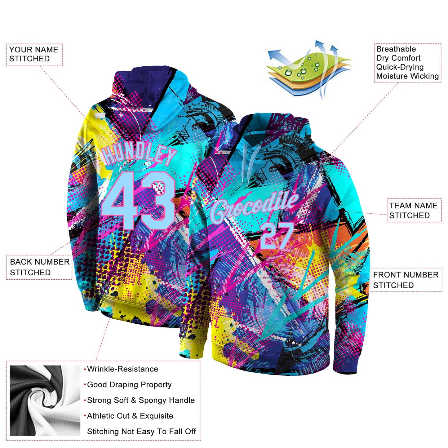 Custom Stitched Graffiti Pattern Light Blue-Pink 3D Sports Pullover Sweatshirt Hoodie view 4