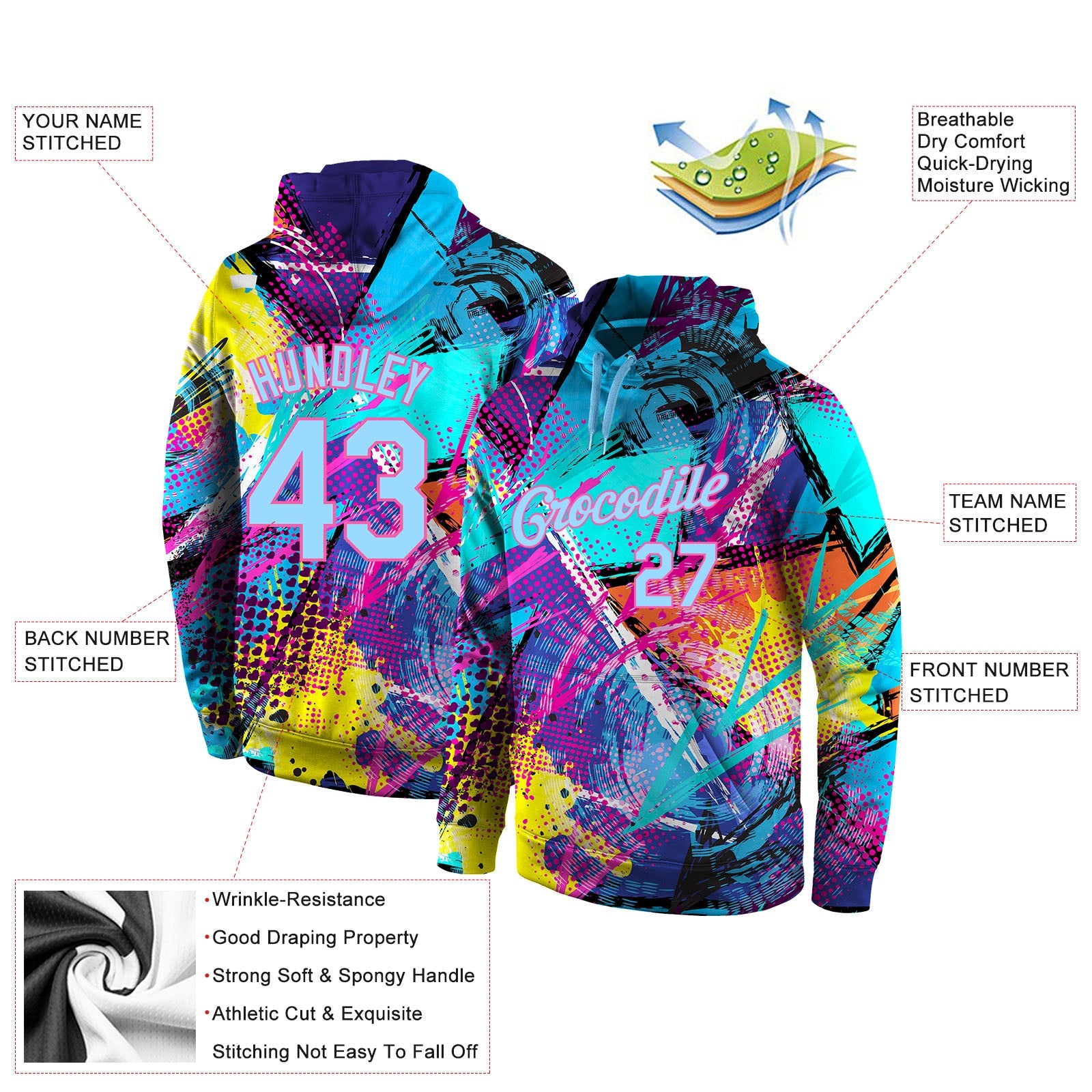 Custom Stitched Graffiti Pattern Light Blue-Pink 3D Sports Pullover Sweatshirt Hoodie view 4