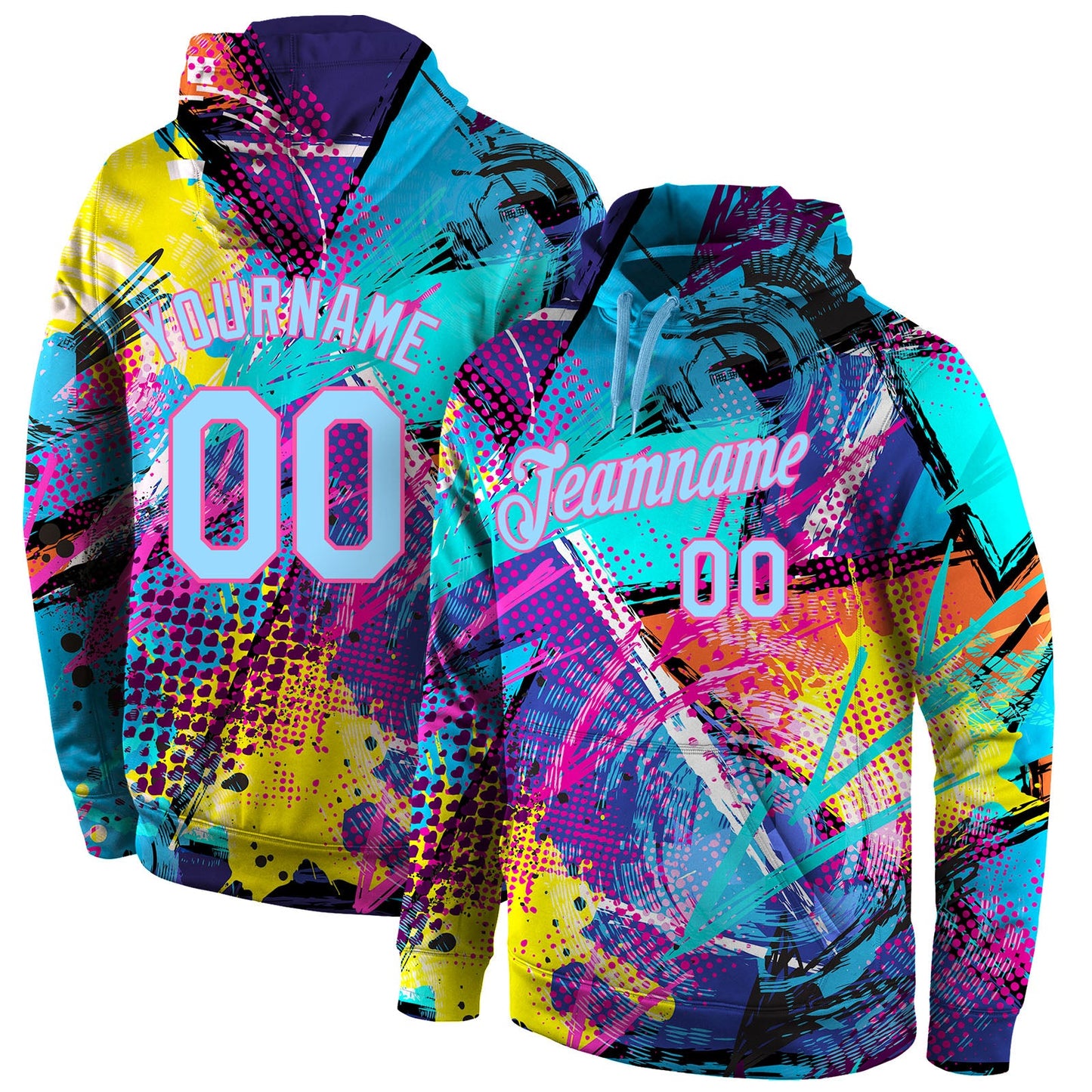 Custom Stitched Graffiti Pattern Light Blue-Pink 3D Sports Pullover Sweatshirt Hoodie - Main View