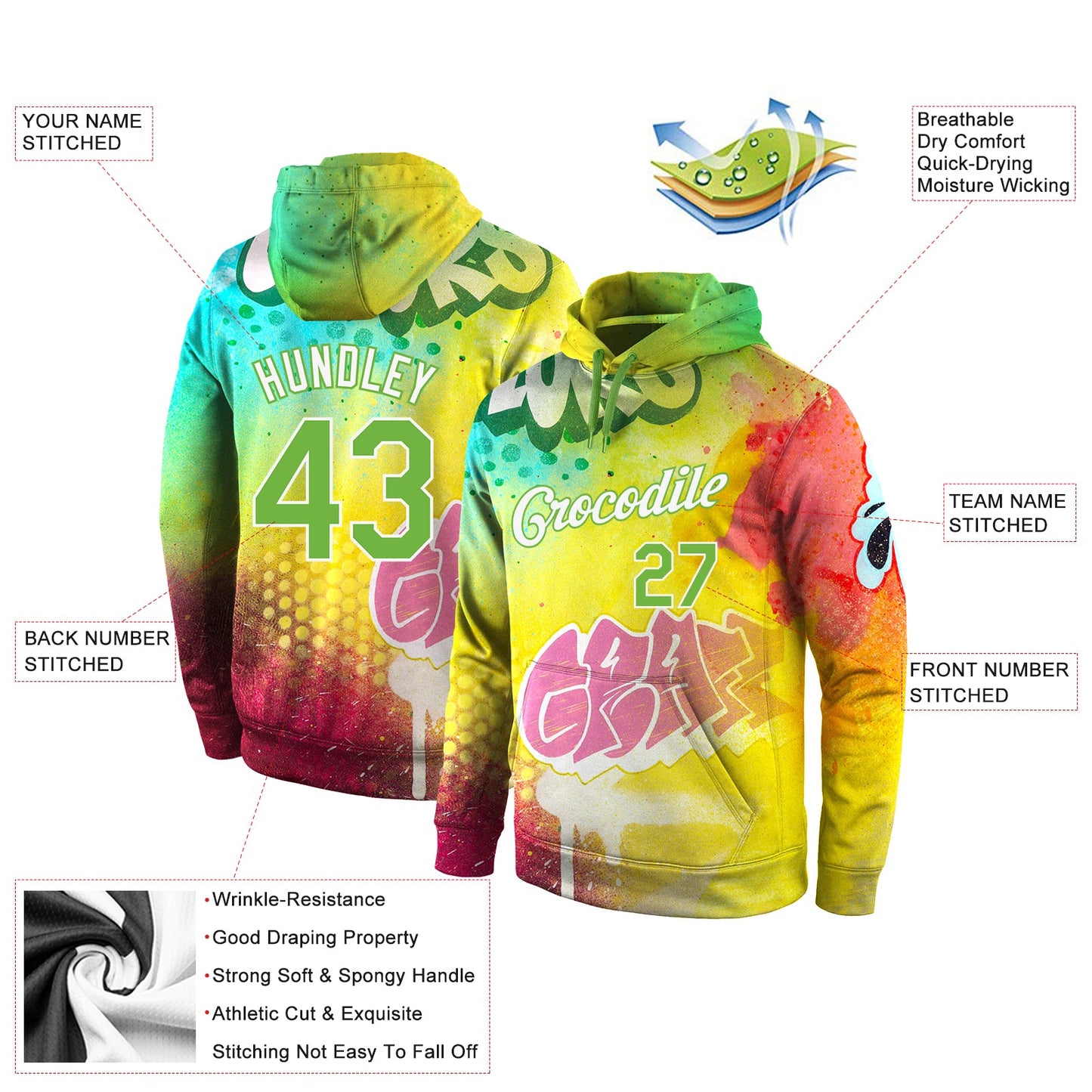 Custom Stitched Graffiti Pattern Neon Green-White 3D Sports Pullover Sweatshirt Hoodie view 4