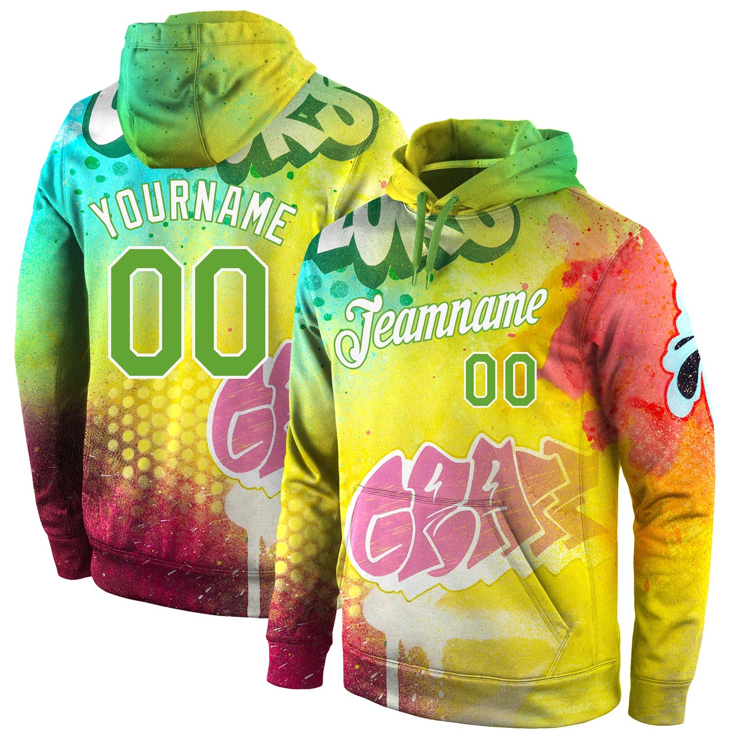 Custom Stitched Graffiti Pattern Neon Green-White 3D Sports Pullover Sweatshirt Hoodie - Main View