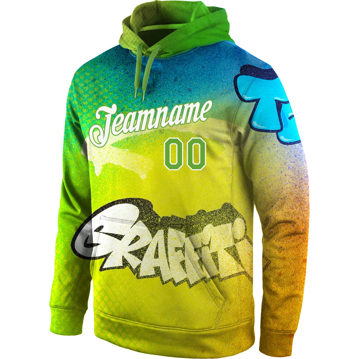 Custom Stitched Graffiti Pattern Neon Green-White 3D Sports Pullover Sweatshirt Hoodie view 2